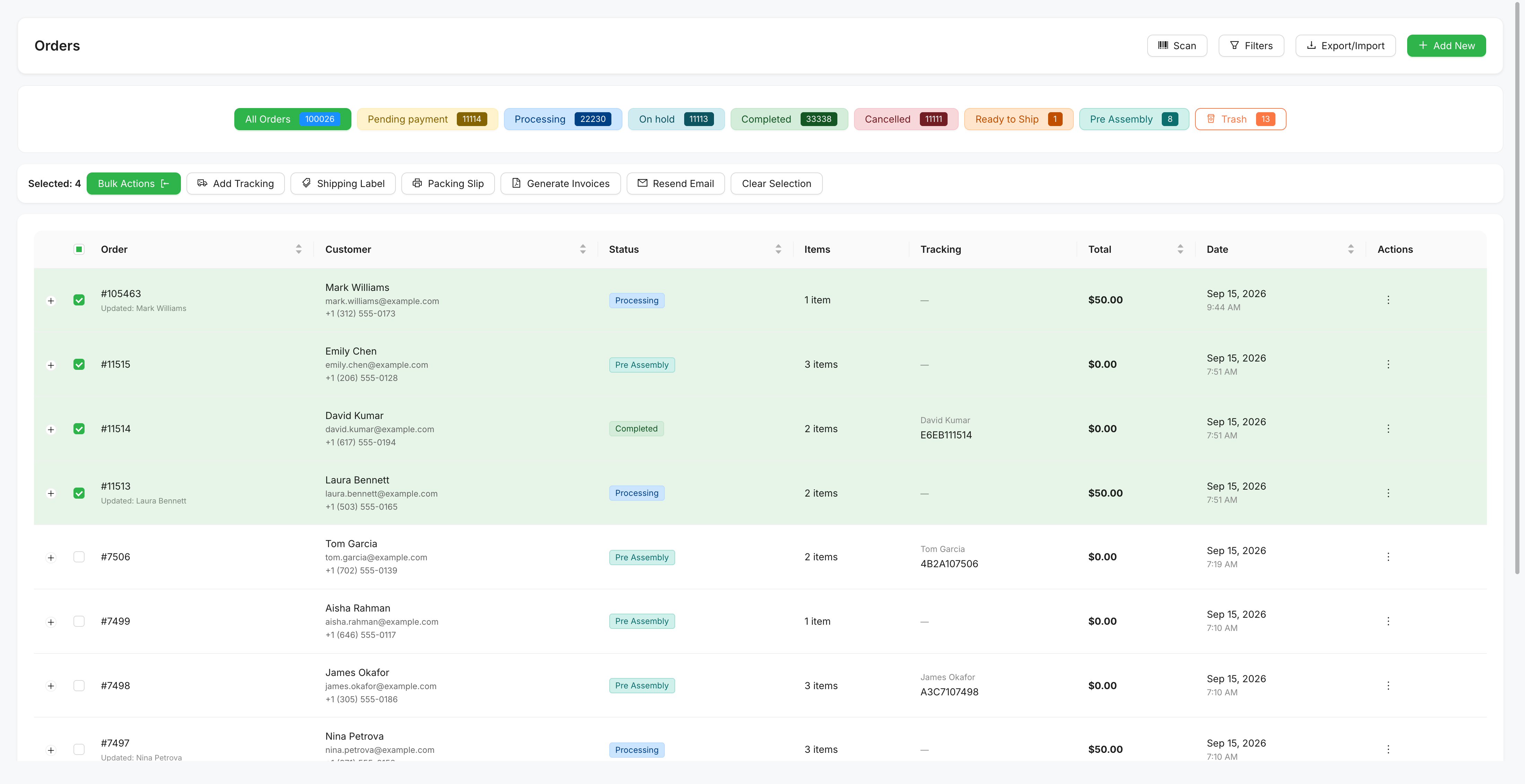 Shop Manager orders list with four orders ticked and the bulk action bar showing Add Tracking, Shipping Label and Packing Slip