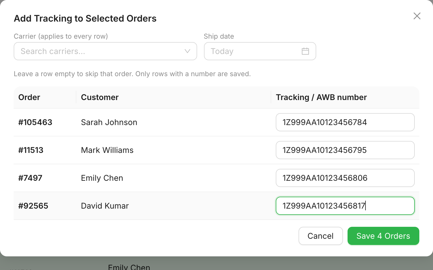 The Add Tracking dialog with UPS selected and a tracking number typed against each of the four orders