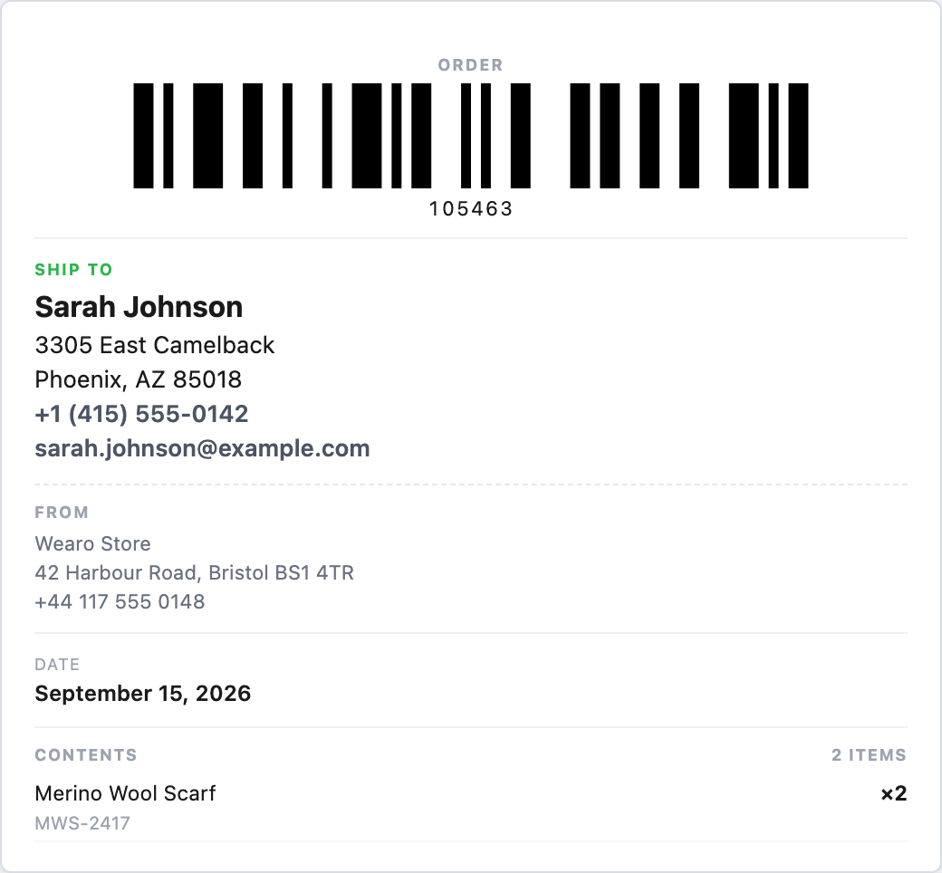 A printed Shop Manager shipping label showing a Code 128 barcode, the delivery address, the return address and the parcel contents